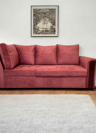 Rose Pink Velvet Sofa Cum Bed – L-Shaped Convertible Sectional with Storage