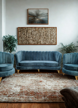 Luxury Teal Velvet Sofa Set – 3+1+1 Seater with Gold Legs for Modern Living Room - Orient Furniture Palace