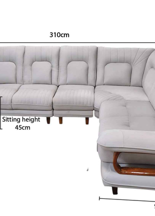 Contemporary Curved L-Shape Sofa in Cream Leatherette with Wooden Accents – 7-Seater Luxury Sectional